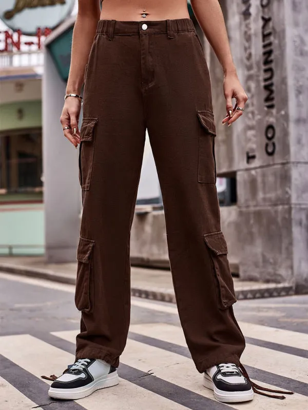 Women's Loose Fit Bottom Drawstring Cargo Trousers With Pockets