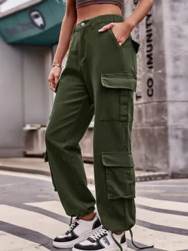 Women's Loose Fit Bottom Drawstring Cargo Trousers With Pockets