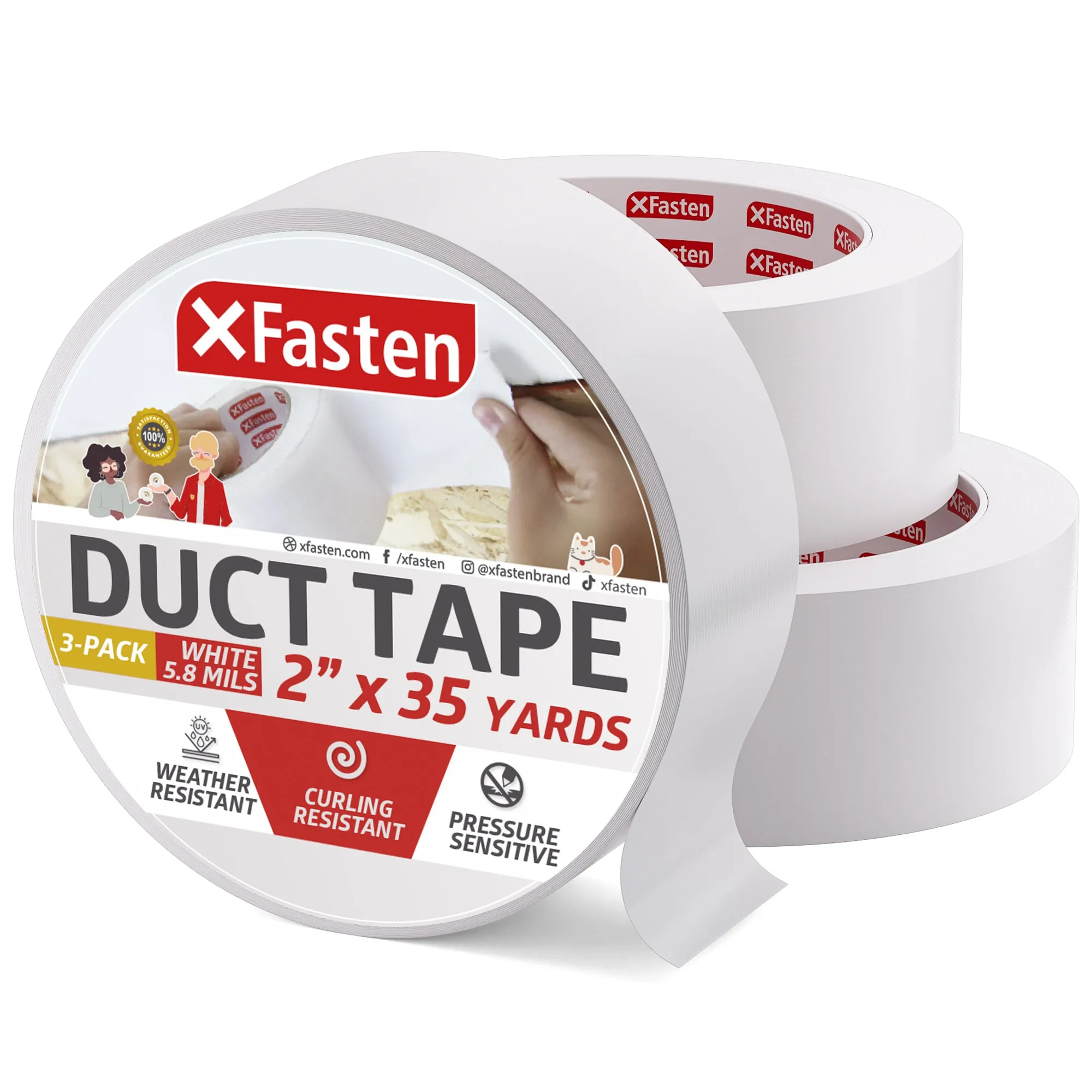 XFasten Duct Tape, White, 2-Inches x 35-Yards, Pack of 3